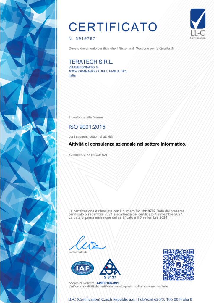 Teratech S.r.l. ottiene la certificazione ISO 9001:2015